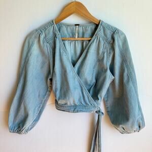 Free People Sophie Denim Wrap Crop Top Small Blue Cotton Summer Boho Basic